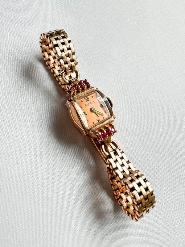 Vintage 14k Gold Ruby Bulova Watch 6"
