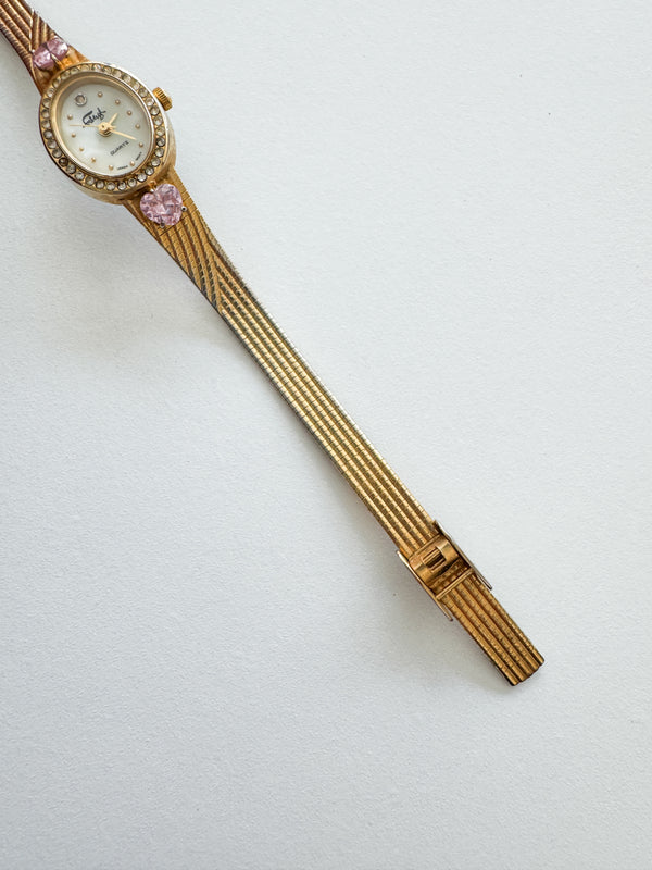 Vintage Pink Gemstone & Gold Tone Faberge Women's Watch