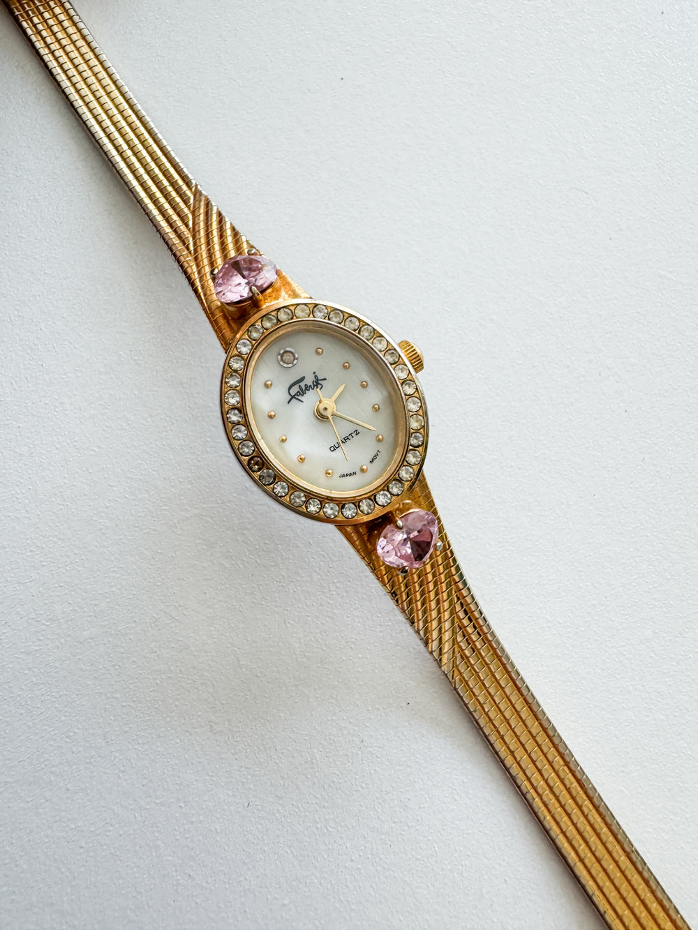 Vintage Pink Gemstone & Gold Tone Faberge Women's Watch