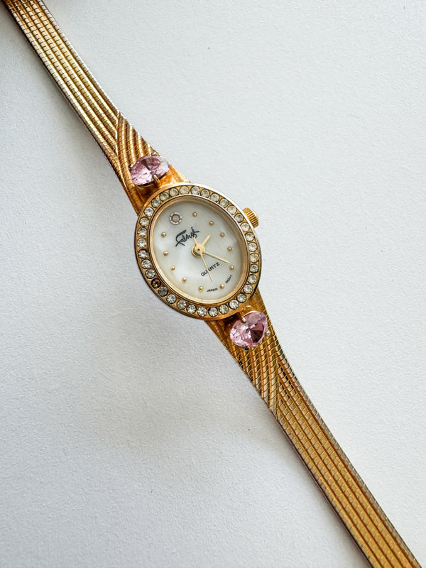 Vintage Pink Gemstone & Gold Tone Faberge Women's Watch