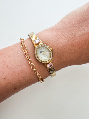 Vintage Pink Gemstone & Gold Tone Faberge Women's Watch