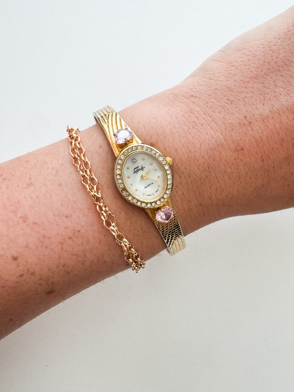 Vintage Pink Gemstone & Gold Tone Faberge Women's Watch