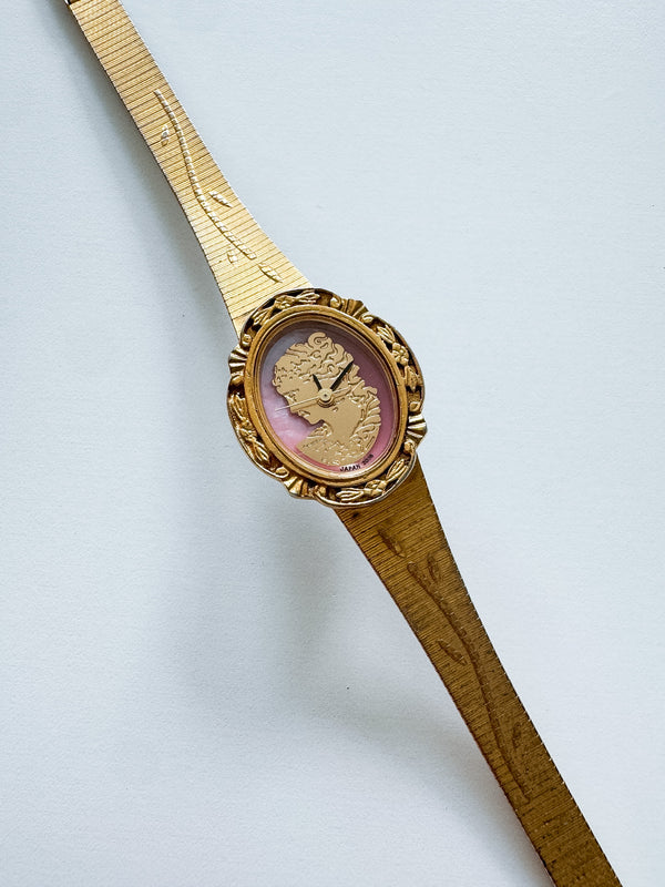 Vintage Helbros Womens Pink & Gold Cameo Watch