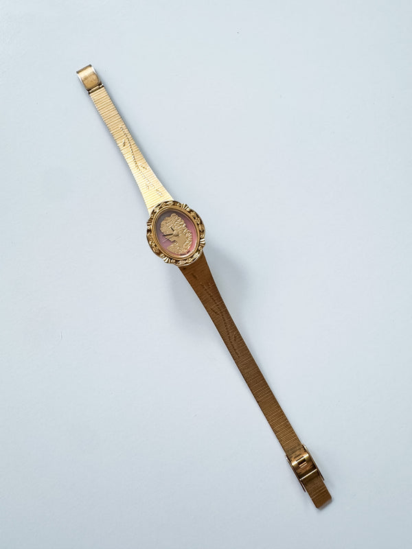 Vintage Helbros Womens Pink & Gold Cameo Watch