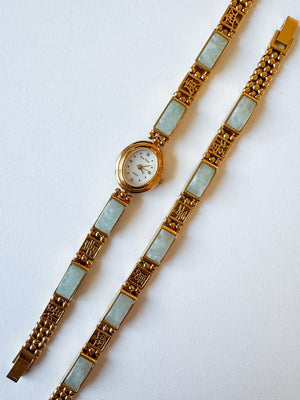 Vintage Gem Time Jade & Gold-tone Watch & Bracelet Set