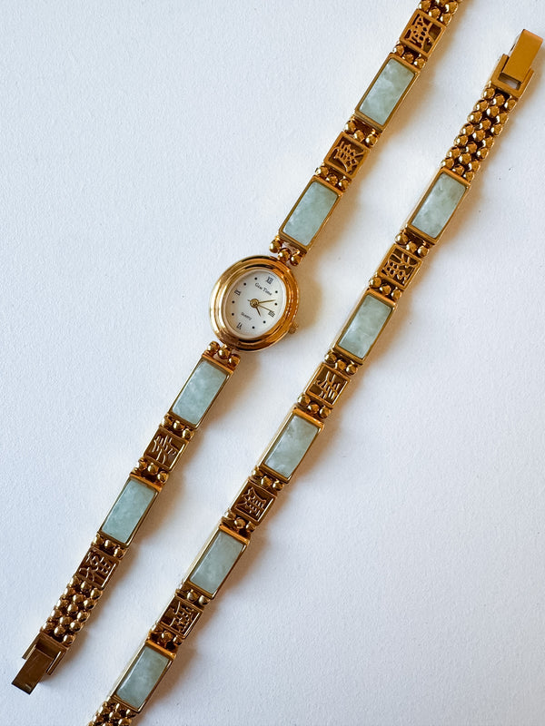 Vintage Gem Time Jade & Gold-tone Watch & Bracelet Set