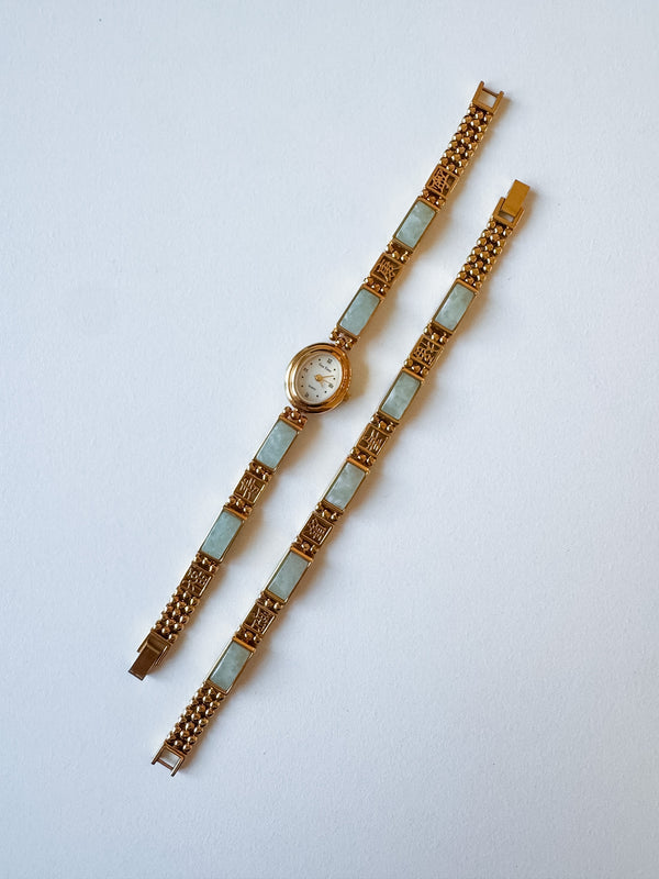 Vintage Gem Time Jade & Gold-tone Watch & Bracelet Set