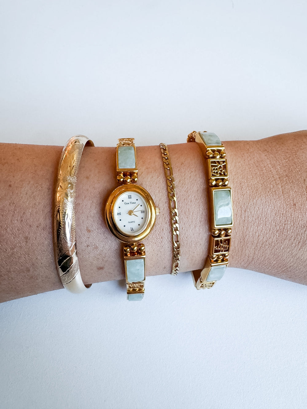 Vintage Gem Time Jade & Gold-tone Watch & Bracelet Set