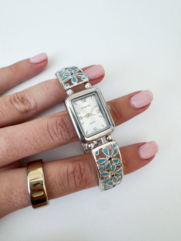 2000's Silver & Turquoise Enamel Stretch Watch